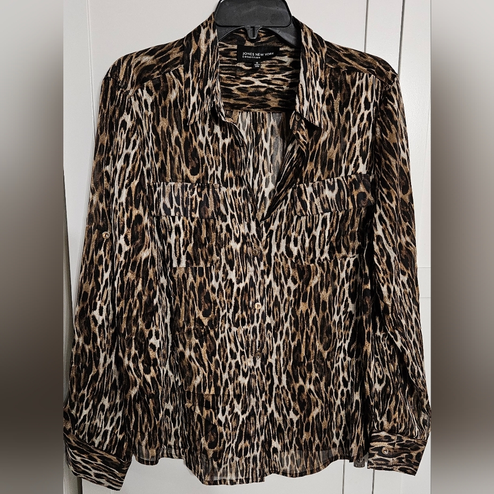 Jones New York Brown and Black Leopard Blouse with Notched Collar, Button Front